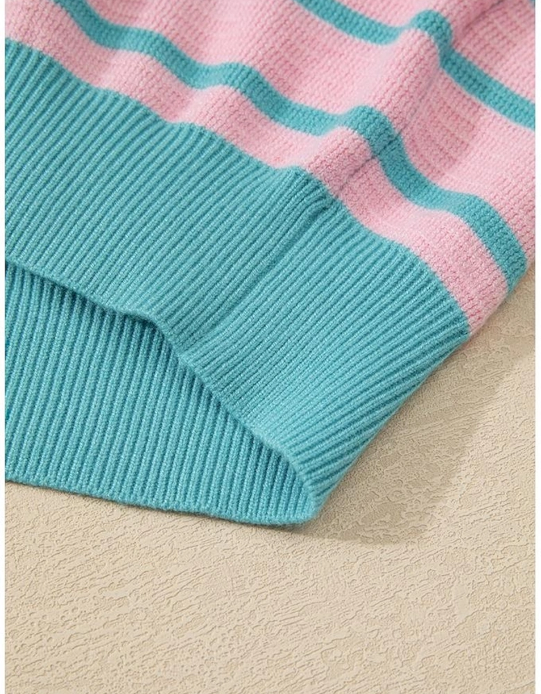 Pink Stripe Trimmed Round Neck Drop Shoulder Loose Sweater
