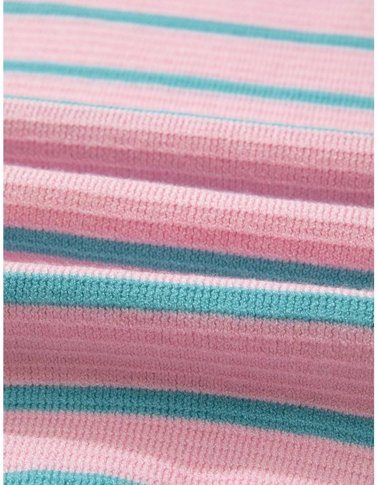 Pink Stripe Trimmed Round Neck Drop Shoulder Loose Sweater