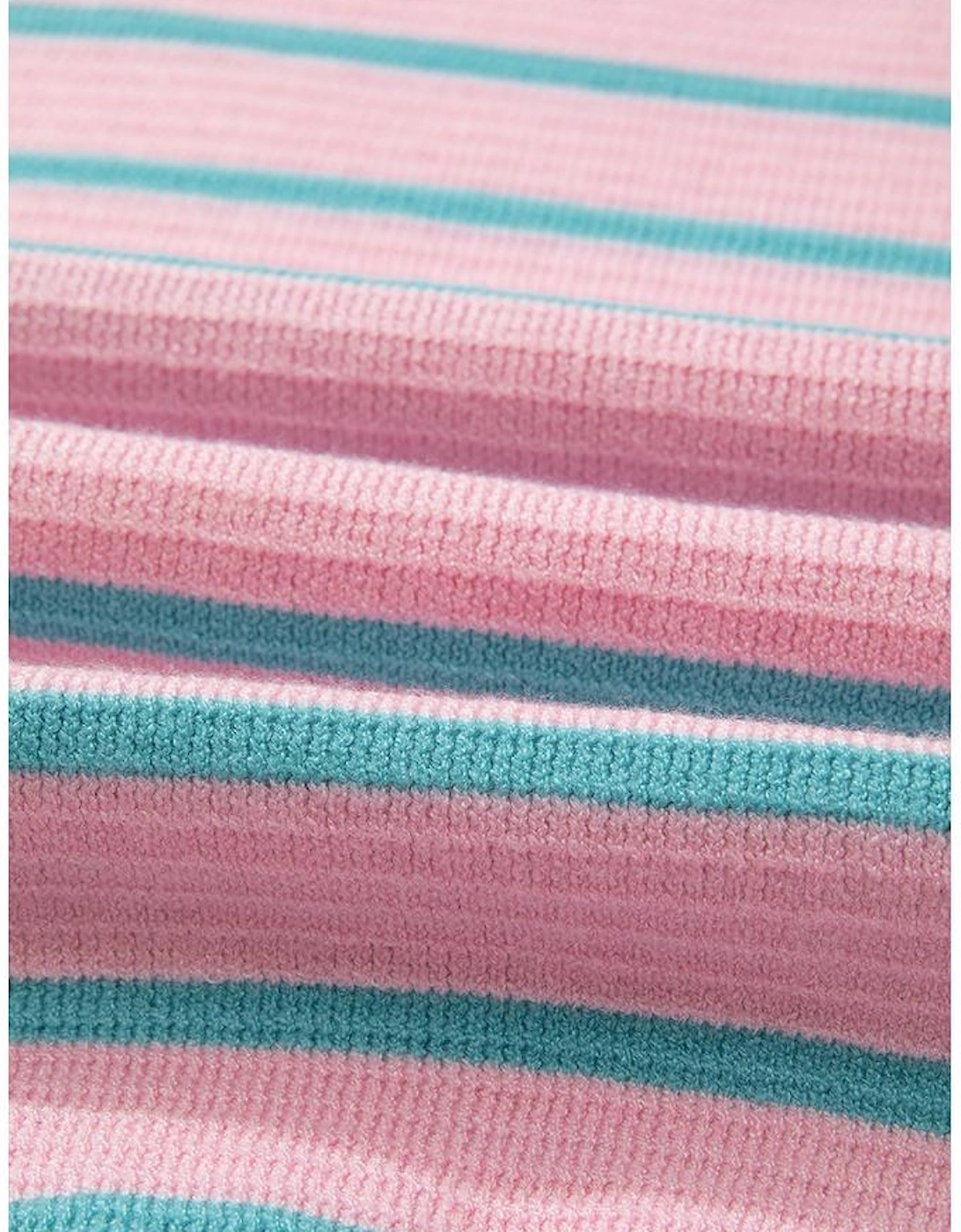 Pink Stripe Trimmed Round Neck Drop Shoulder Loose Sweater