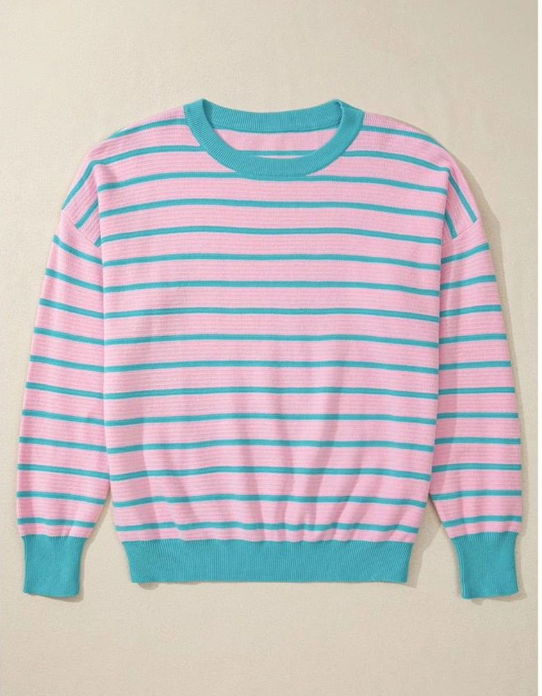 Pink Stripe Trimmed Round Neck Drop Shoulder Loose Sweater