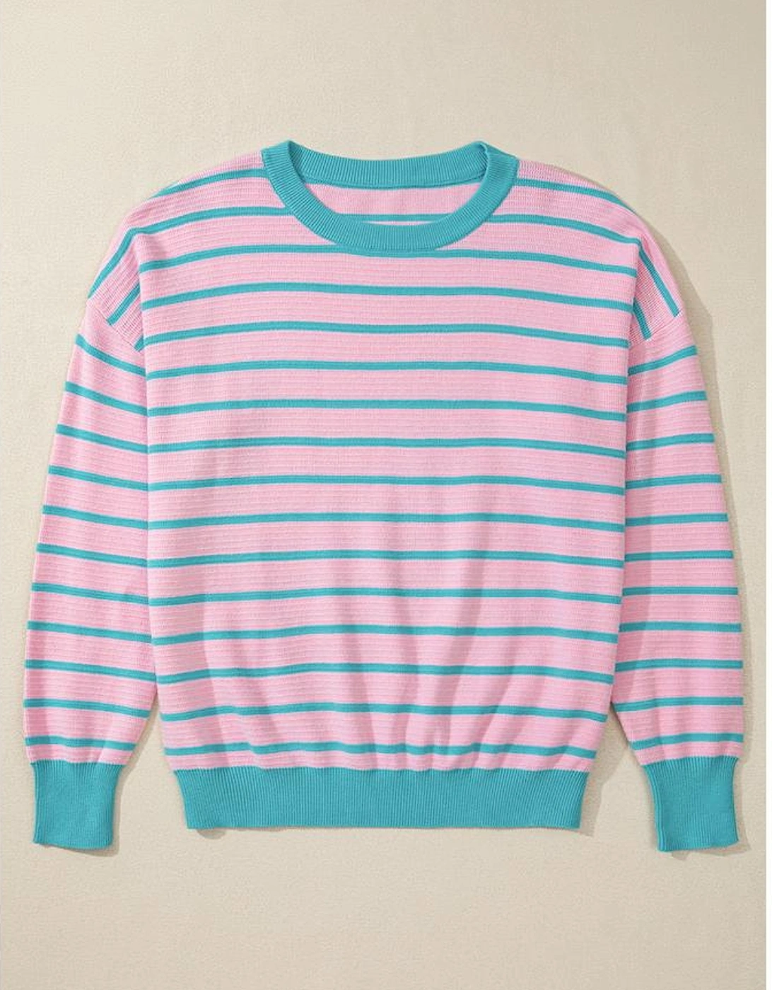 Pink Stripe Trimmed Round Neck Drop Shoulder Loose Sweater