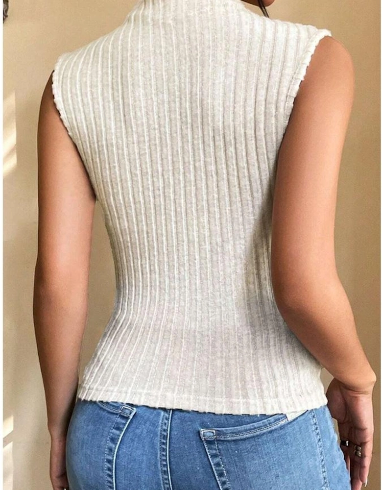 Apricot Ribbed Knit Mock Neck Tank Top