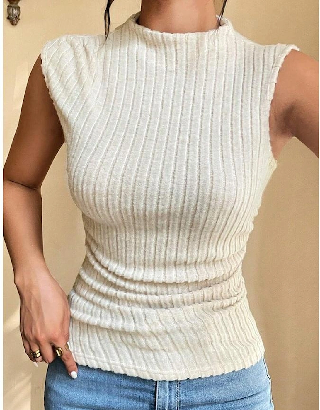 Apricot Ribbed Knit Mock Neck Tank Top