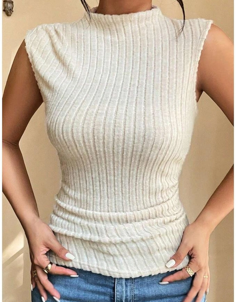 Apricot Ribbed Knit Mock Neck Tank Top