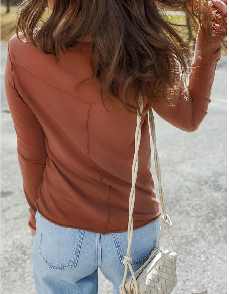Chestnut Raw Seam Detail Solid Color Long Sleeve Top
