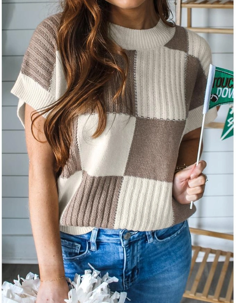Khaki Checkered Color Block Crew Neck Short Sleeve Sweater