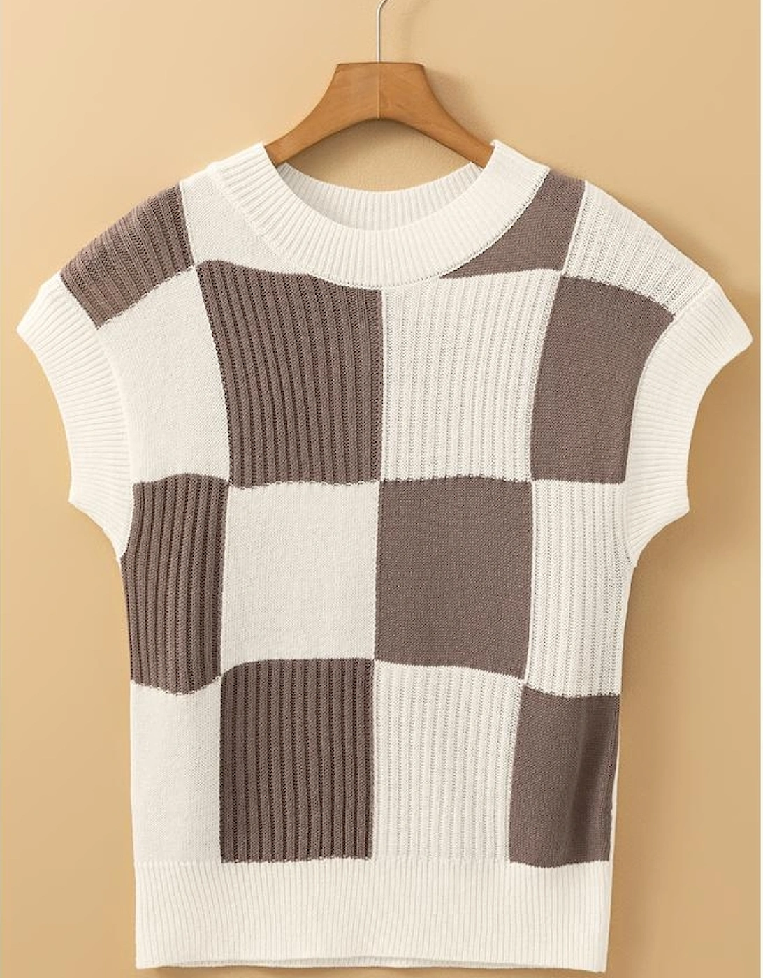 Khaki Checkered Color Block Crew Neck Short Sleeve Sweater