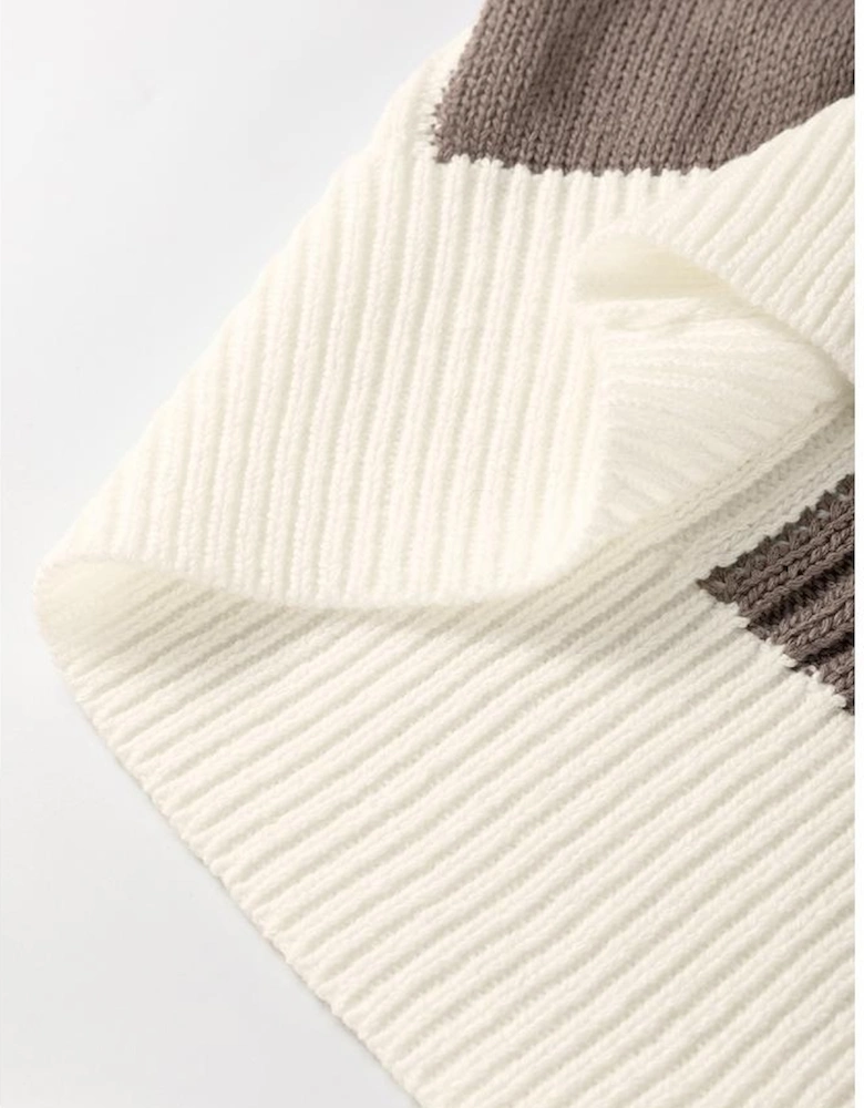 Khaki Checkered Color Block Crew Neck Short Sleeve Sweater