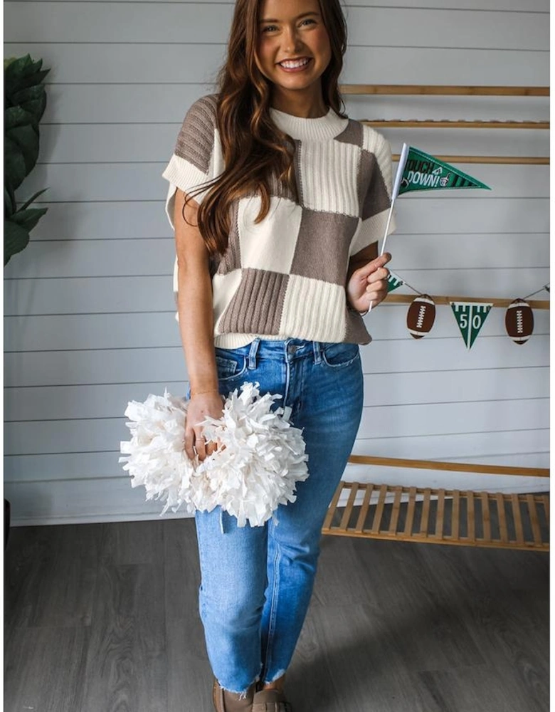 Khaki Checkered Color Block Crew Neck Short Sleeve Sweater