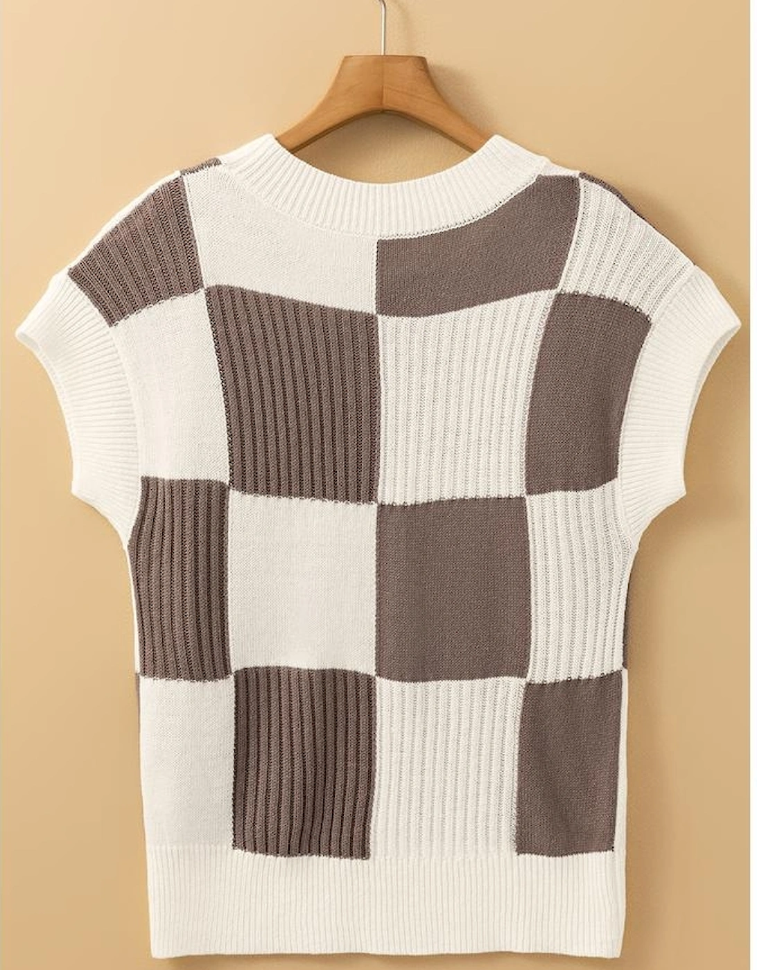 Khaki Checkered Color Block Crew Neck Short Sleeve Sweater