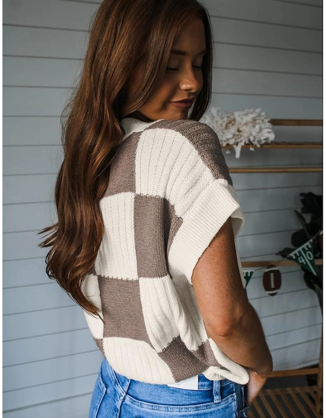 Khaki Checkered Color Block Crew Neck Short Sleeve Sweater