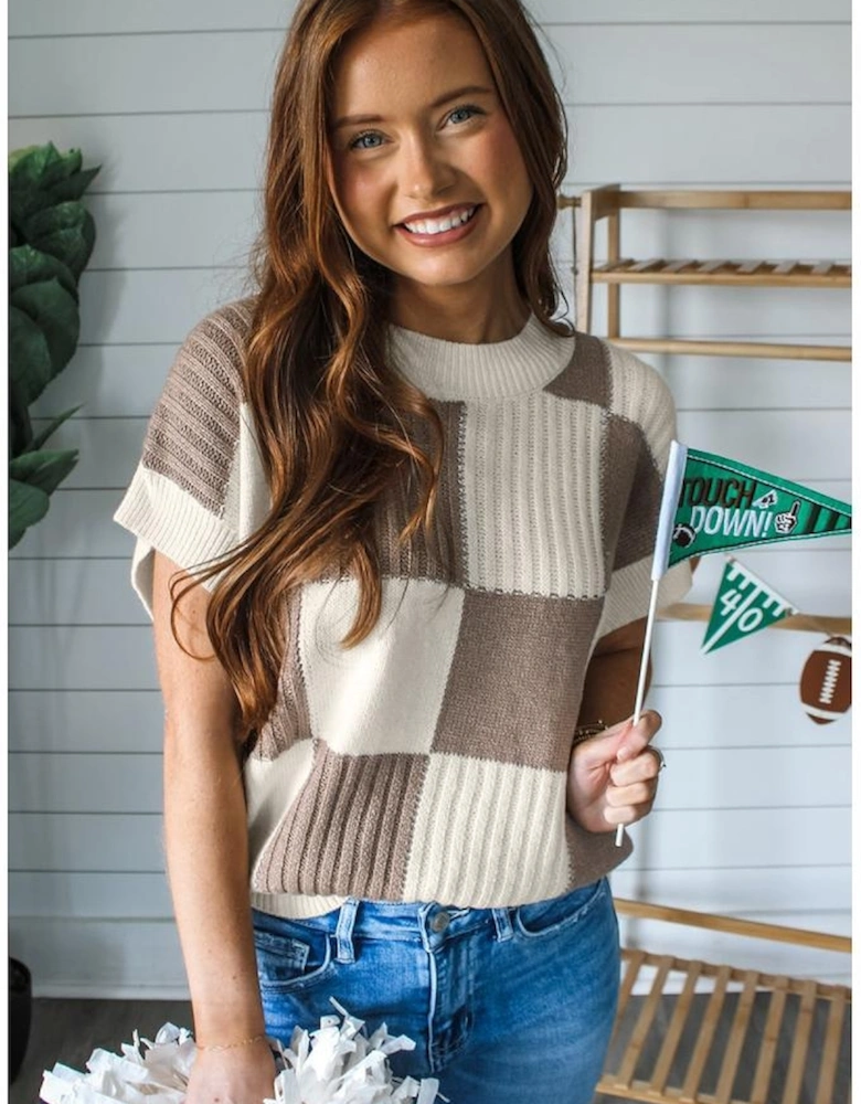 Khaki Checkered Color Block Crew Neck Short Sleeve Sweater