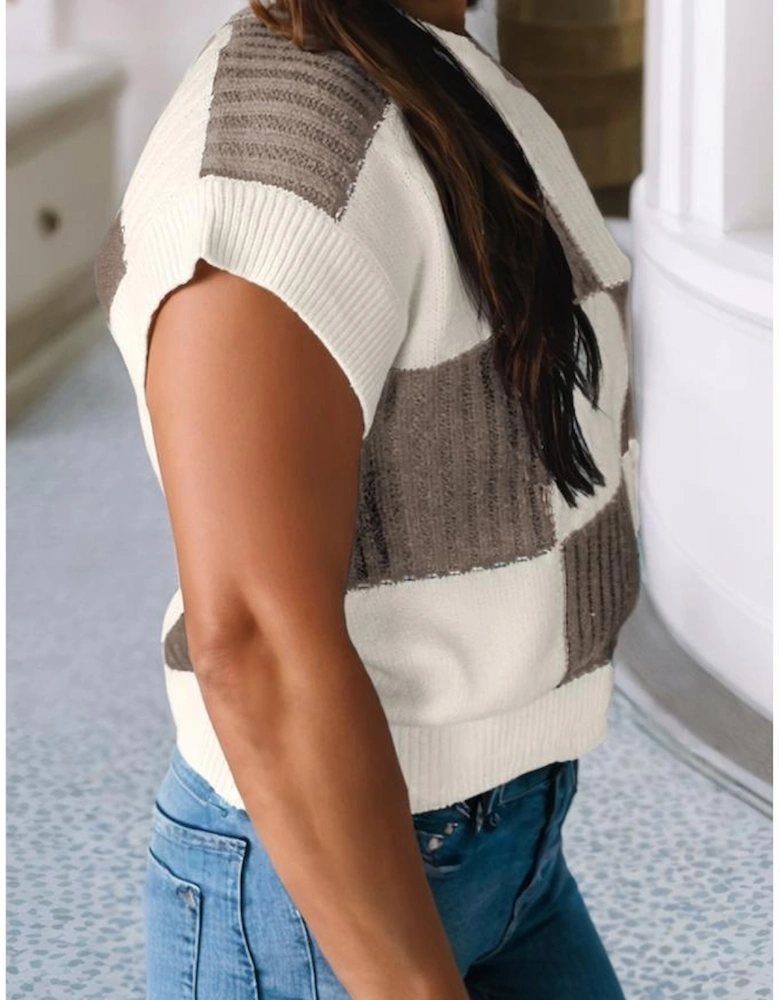 Khaki Checkered Color Block Crew Neck Short Sleeve Sweater