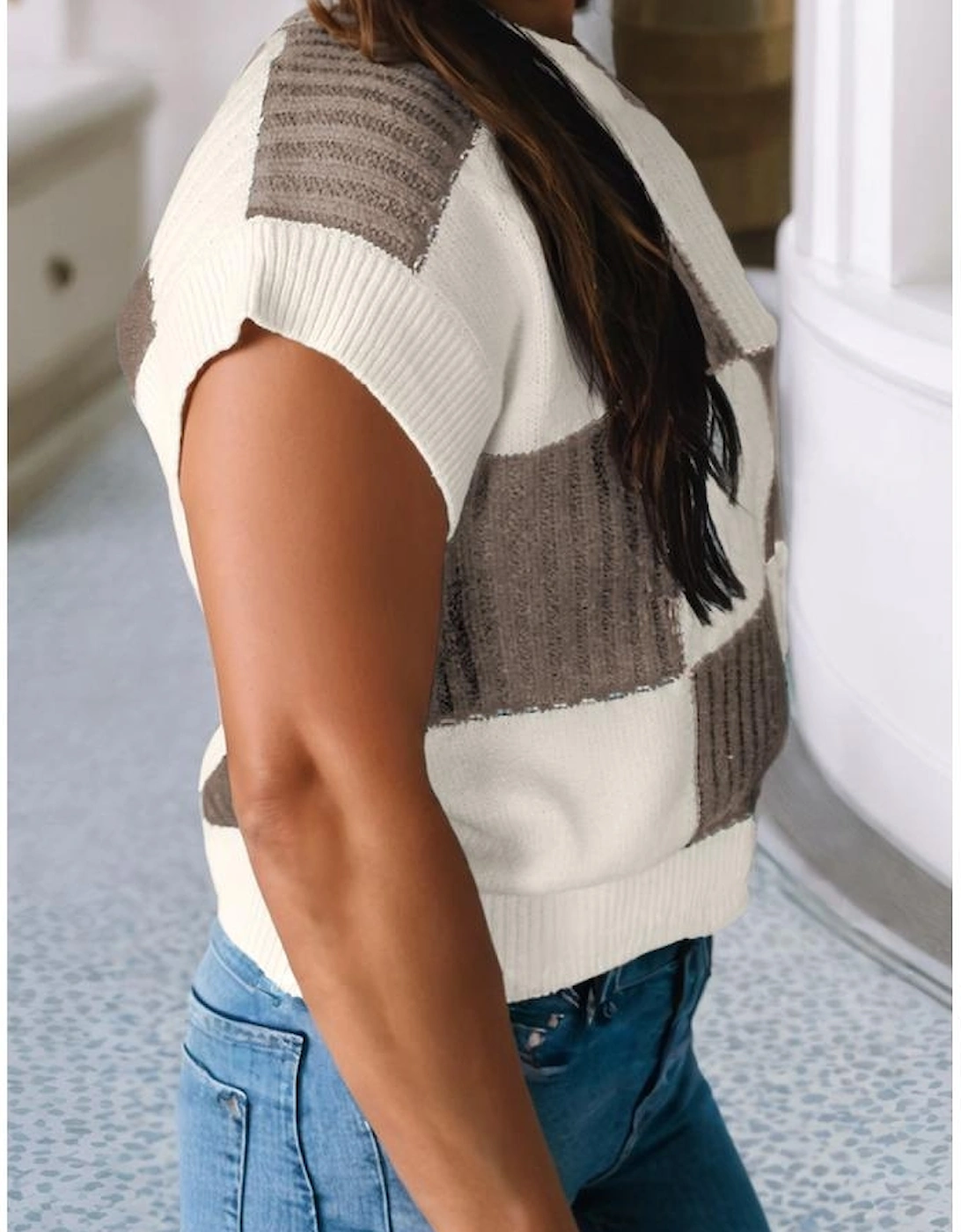 Khaki Checkered Color Block Crew Neck Short Sleeve Sweater