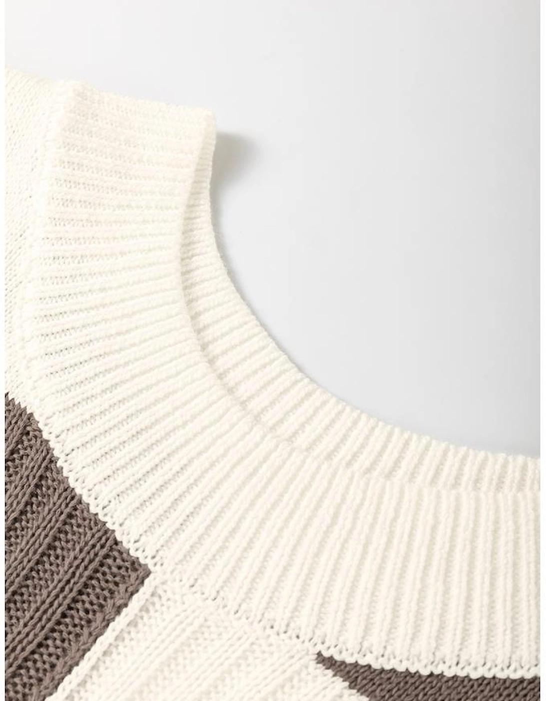 Khaki Checkered Color Block Crew Neck Short Sleeve Sweater