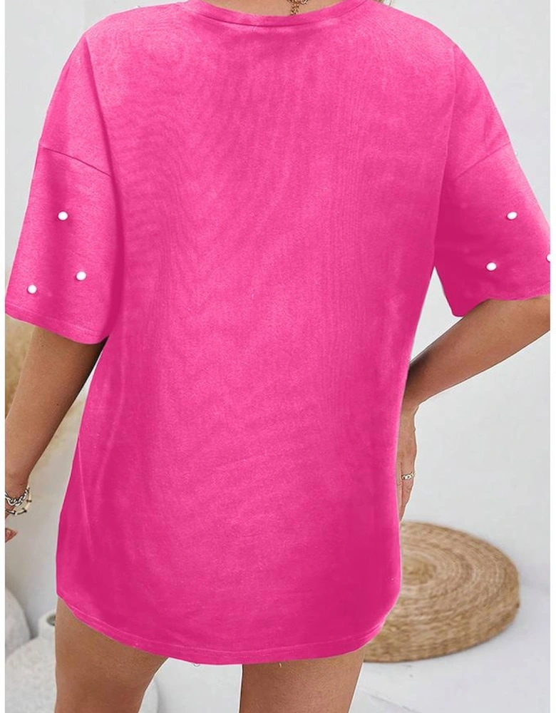 Bright Pink Pearl Beaded  Drop Shoulder Crewneck T Shirt