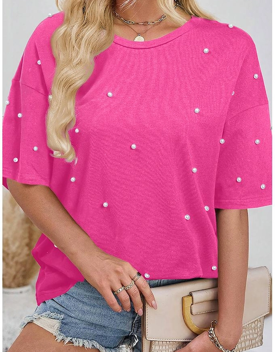 Bright Pink Pearl Beaded  Drop Shoulder Crewneck T Shirt