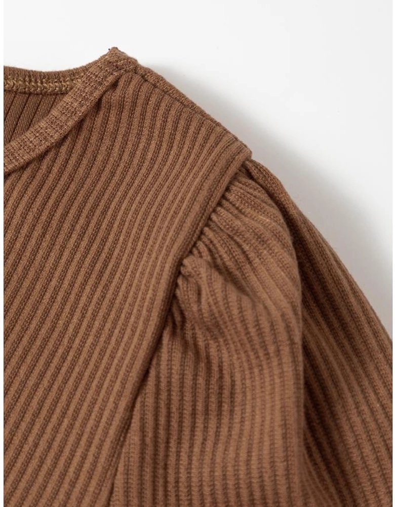 Brown Ribbed Balloon Sleeve Bodysuit