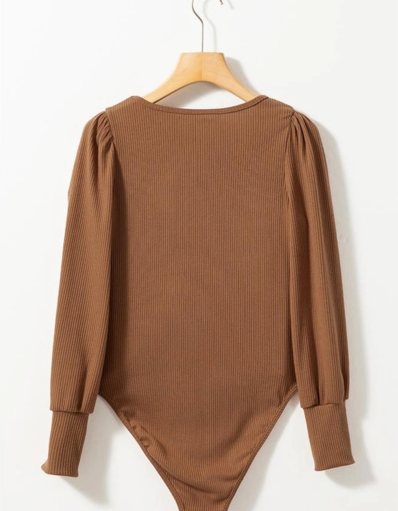 Brown Ribbed Balloon Sleeve Bodysuit