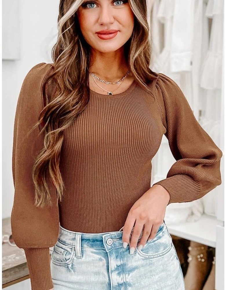 Brown Ribbed Balloon Sleeve Bodysuit