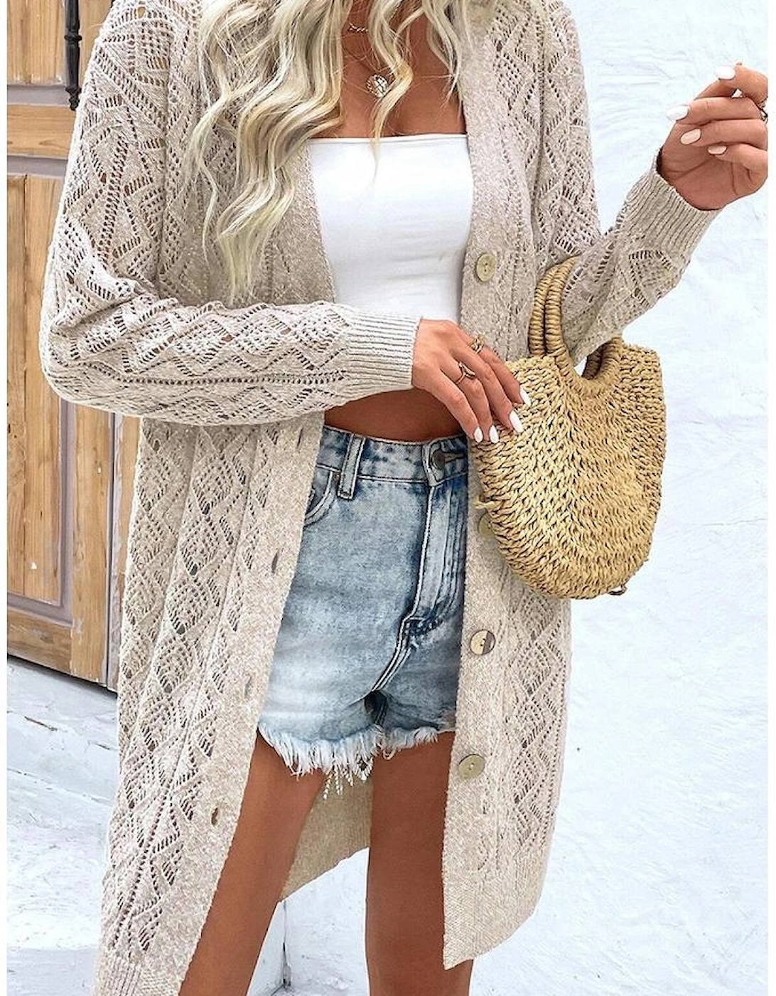 Parchment Hollow Out Buttons Front Long Cardigan