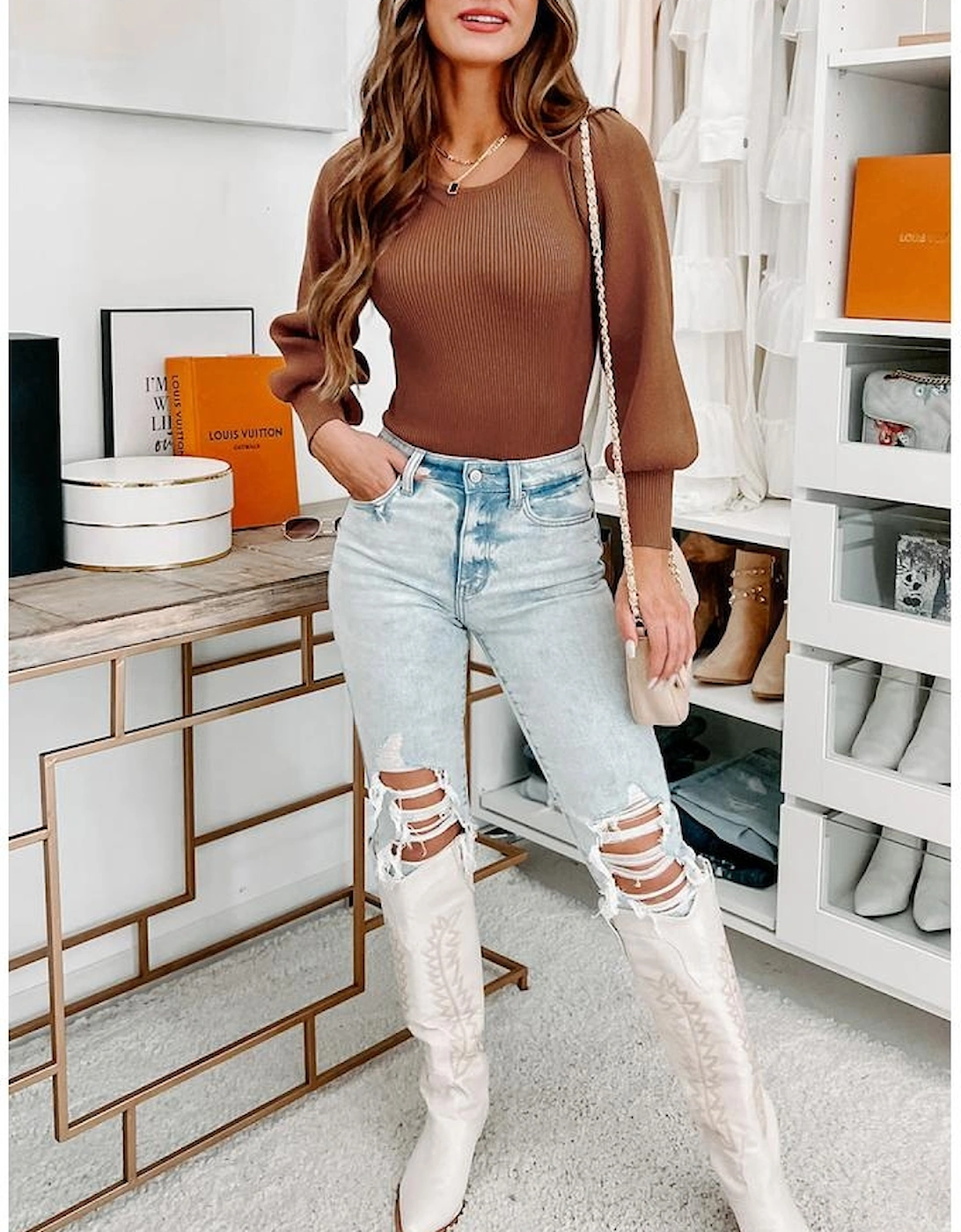 Brown Ribbed Balloon Sleeve Bodysuit