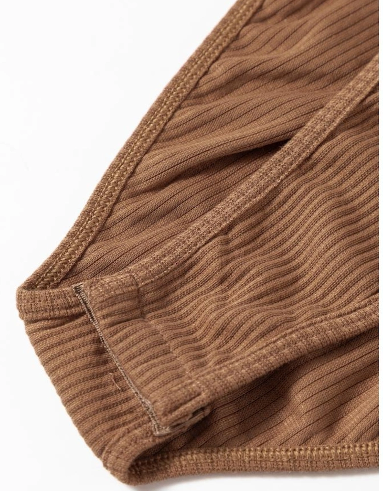 Brown Ribbed Balloon Sleeve Bodysuit