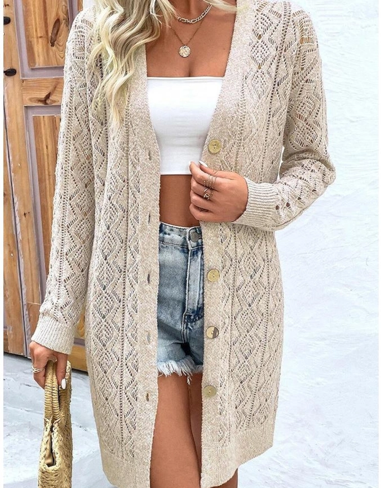Parchment Hollow Out Buttons Front Long Cardigan