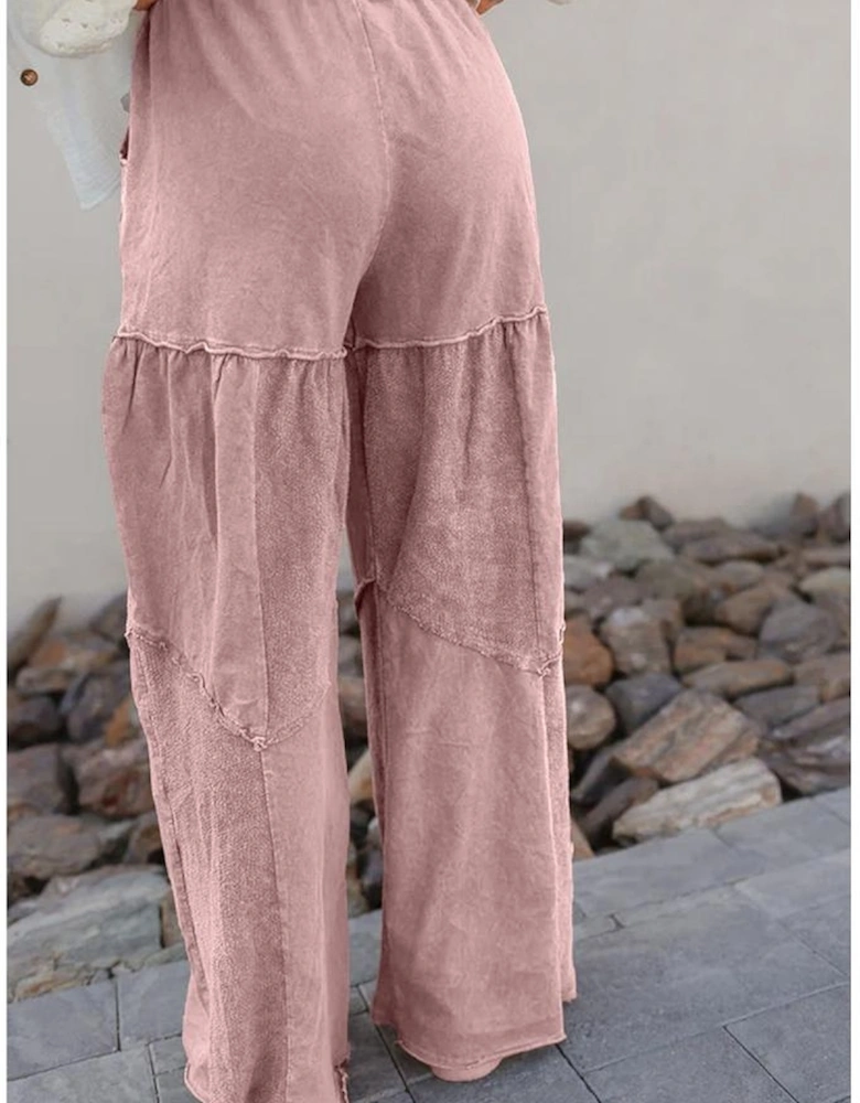 Straw Yellow Mineral Wash Tiered Wide Leg Patchwork Drawstring Pants