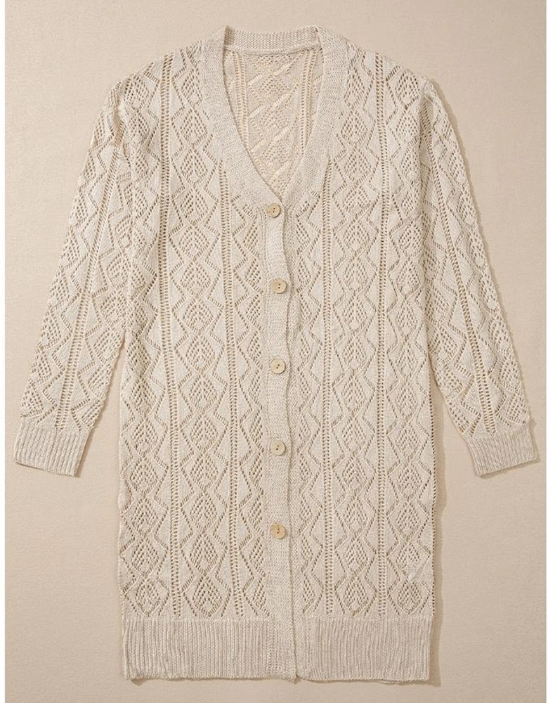 Parchment Hollow Out Buttons Front Long Cardigan