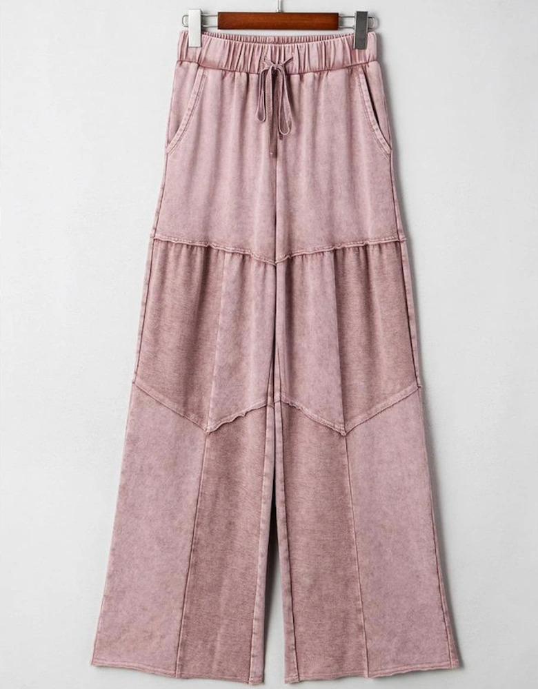 Straw Yellow Mineral Wash Tiered Wide Leg Patchwork Drawstring Pants