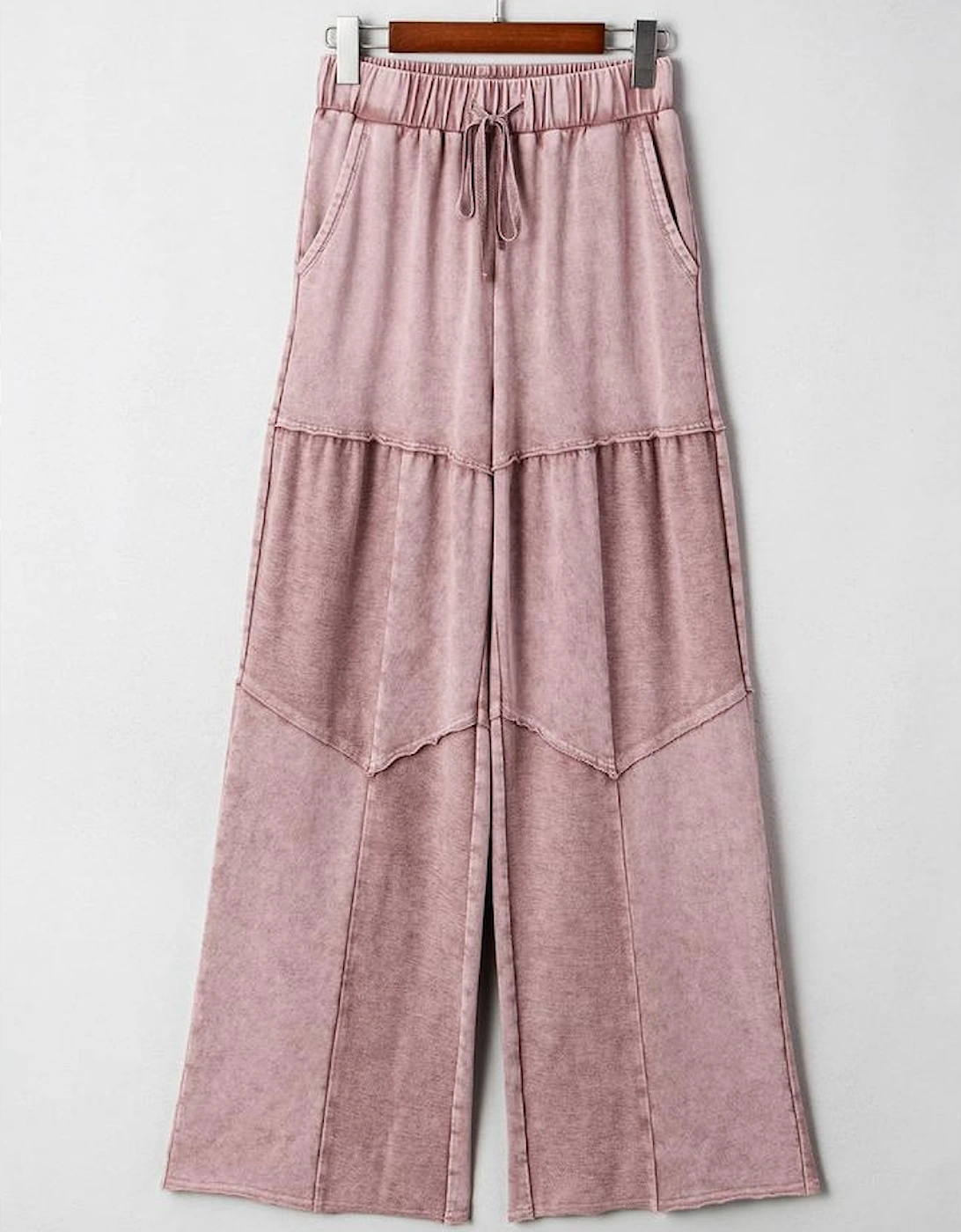 Straw Yellow Mineral Wash Tiered Wide Leg Patchwork Drawstring Pants