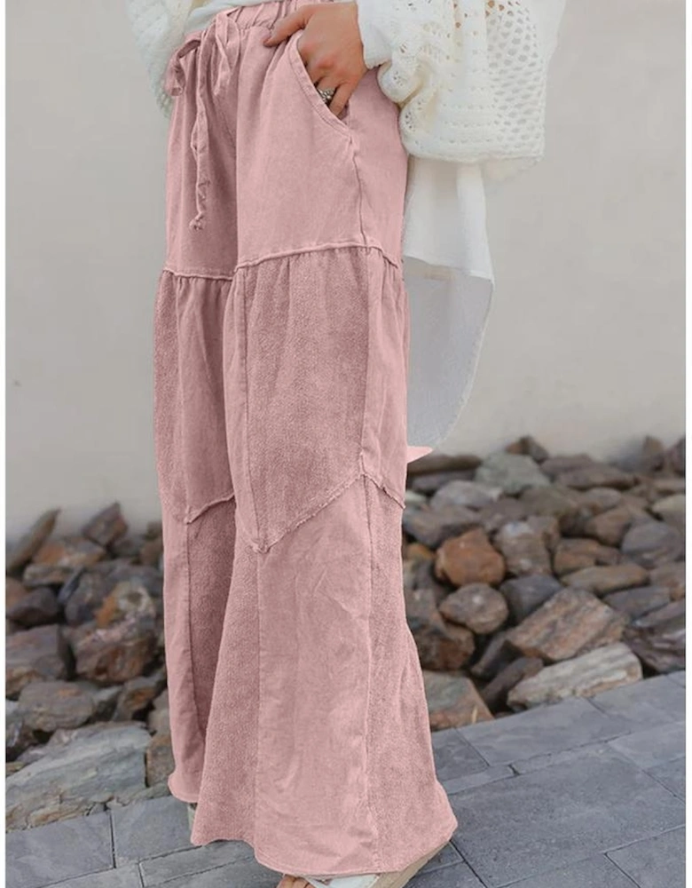 Straw Yellow Mineral Wash Tiered Wide Leg Patchwork Drawstring Pants