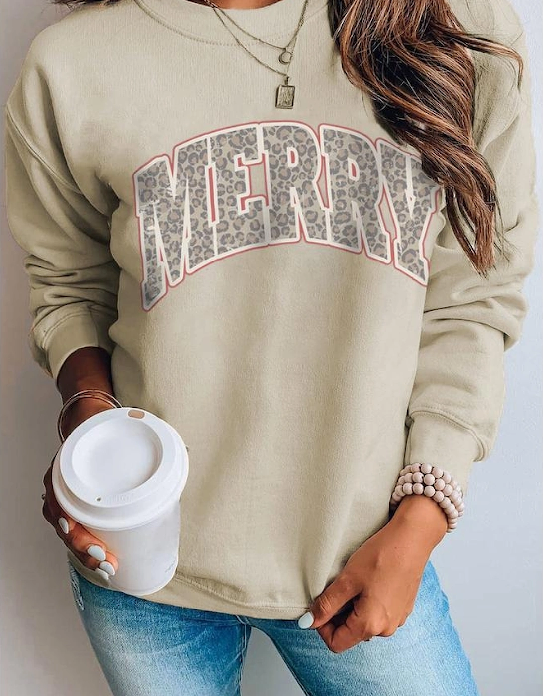 Khaki MERRY Leopard Print Long Sleeve Graphic Sweatshirt, 7 of 6
