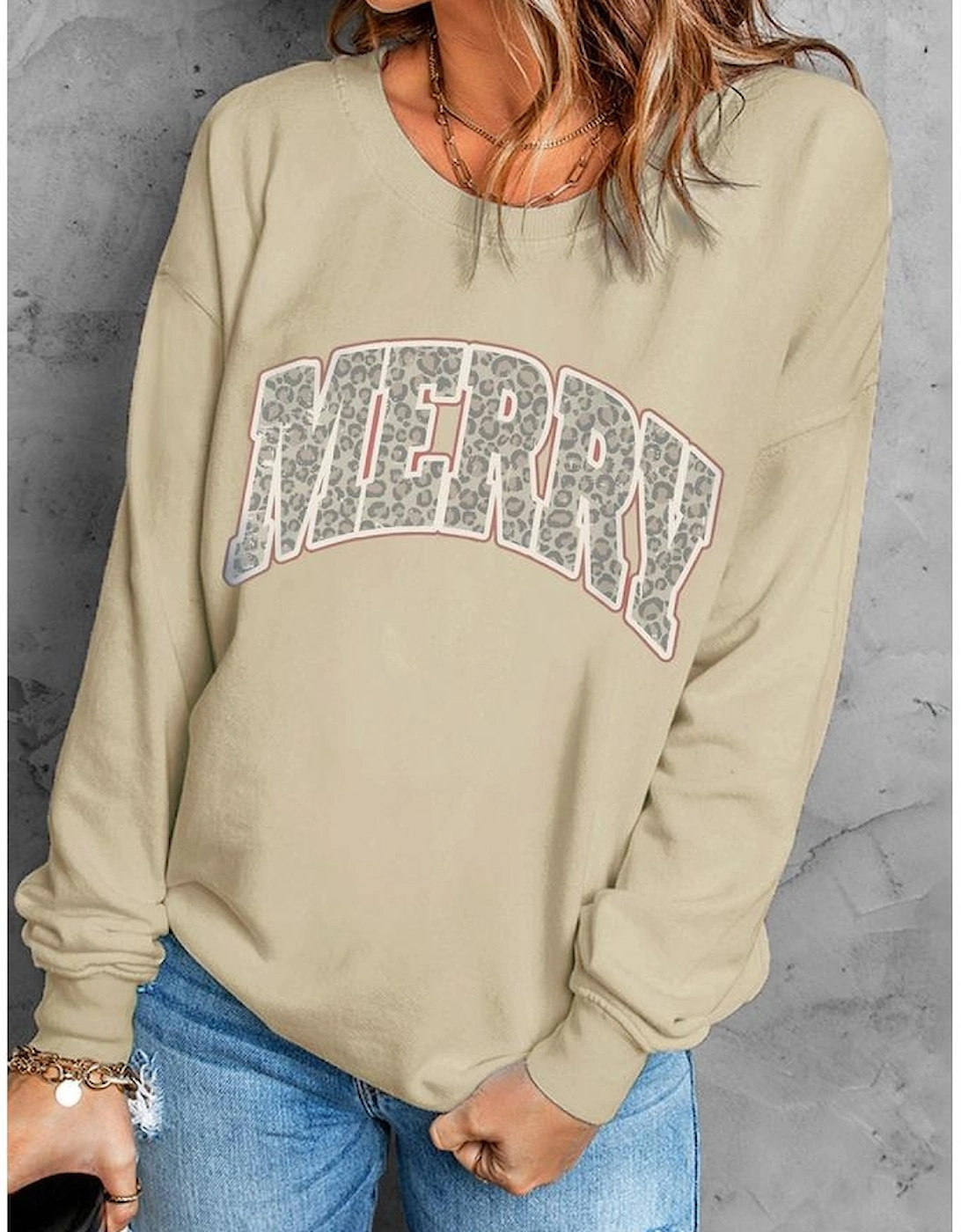 Khaki MERRY Leopard Print Long Sleeve Graphic Sweatshirt