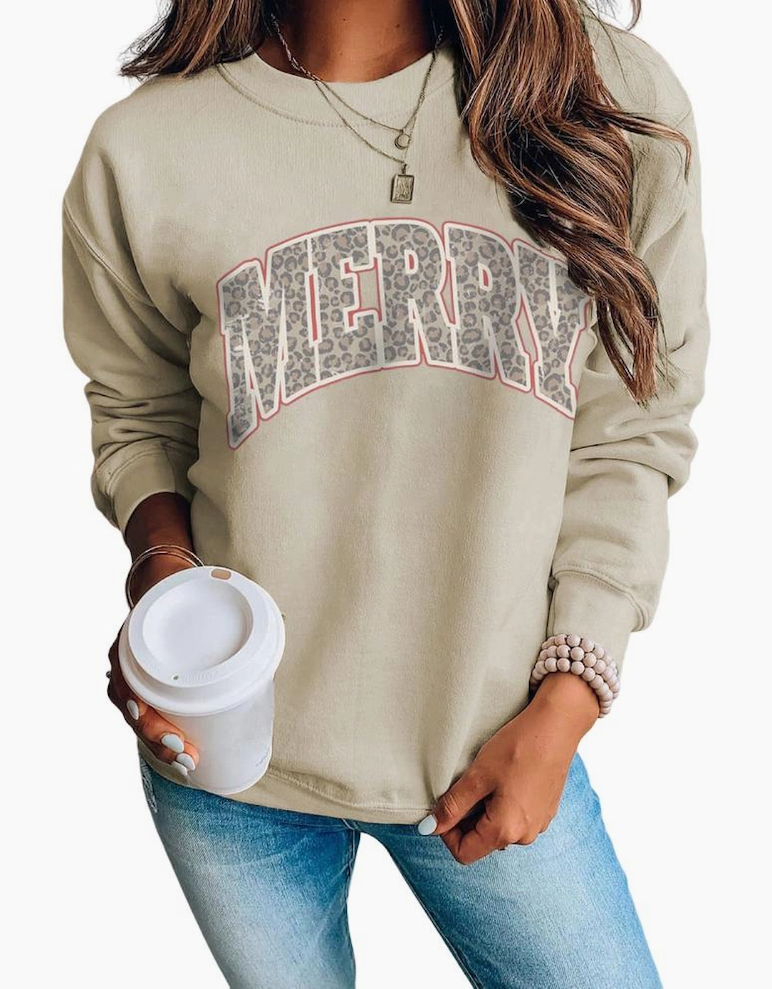 Khaki MERRY Leopard Print Long Sleeve Graphic Sweatshirt