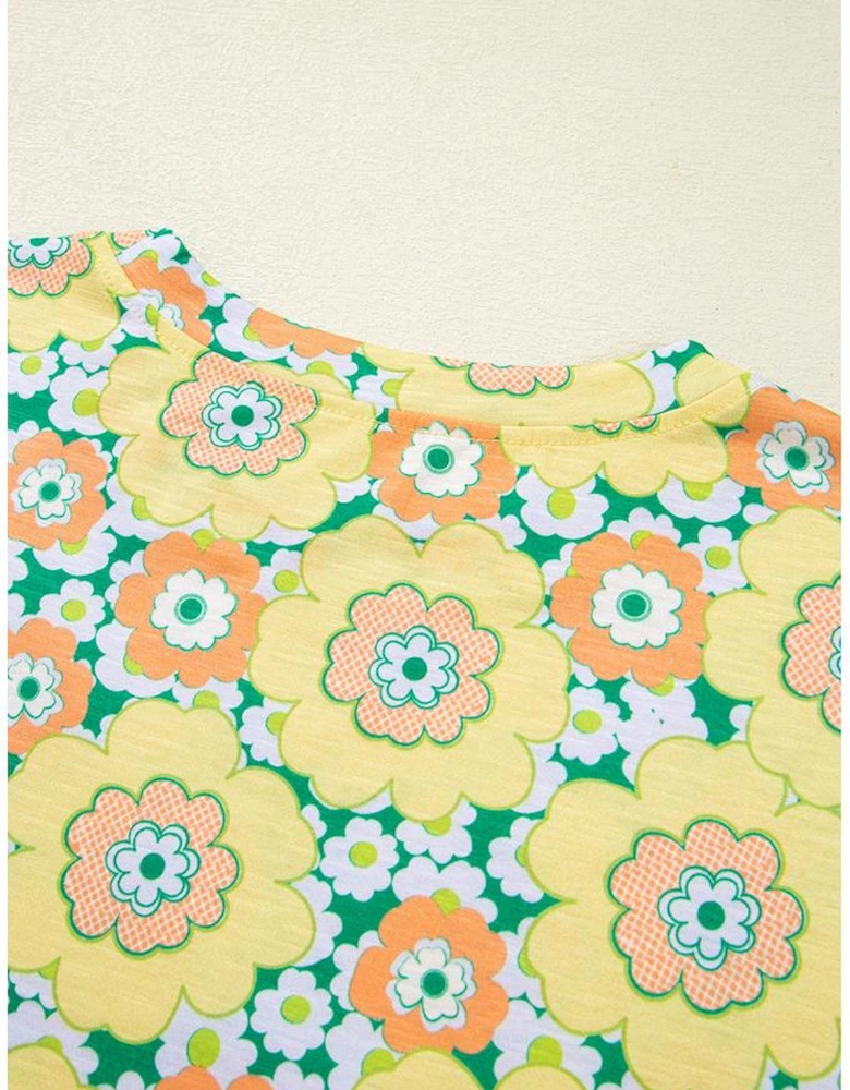 Yellow Summer Flower Printed Drop Shoulder Loose T Shirt