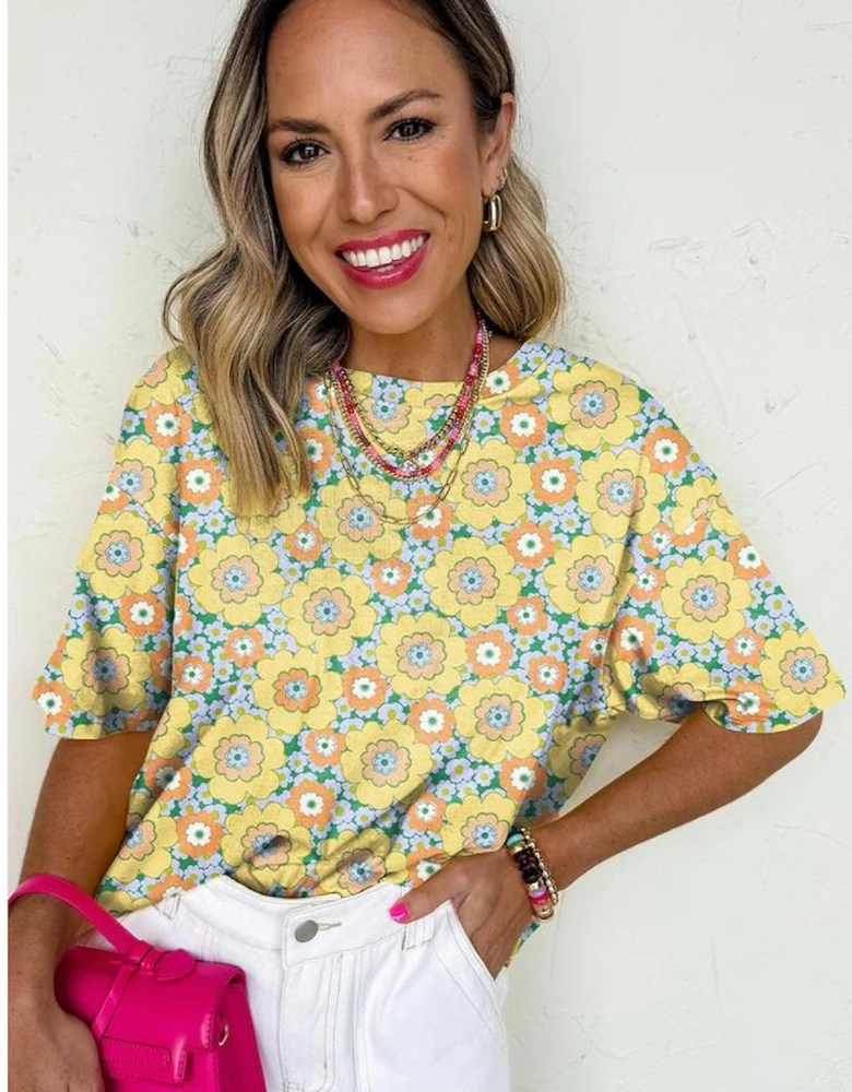 Yellow Summer Flower Printed Drop Shoulder Loose T Shirt
