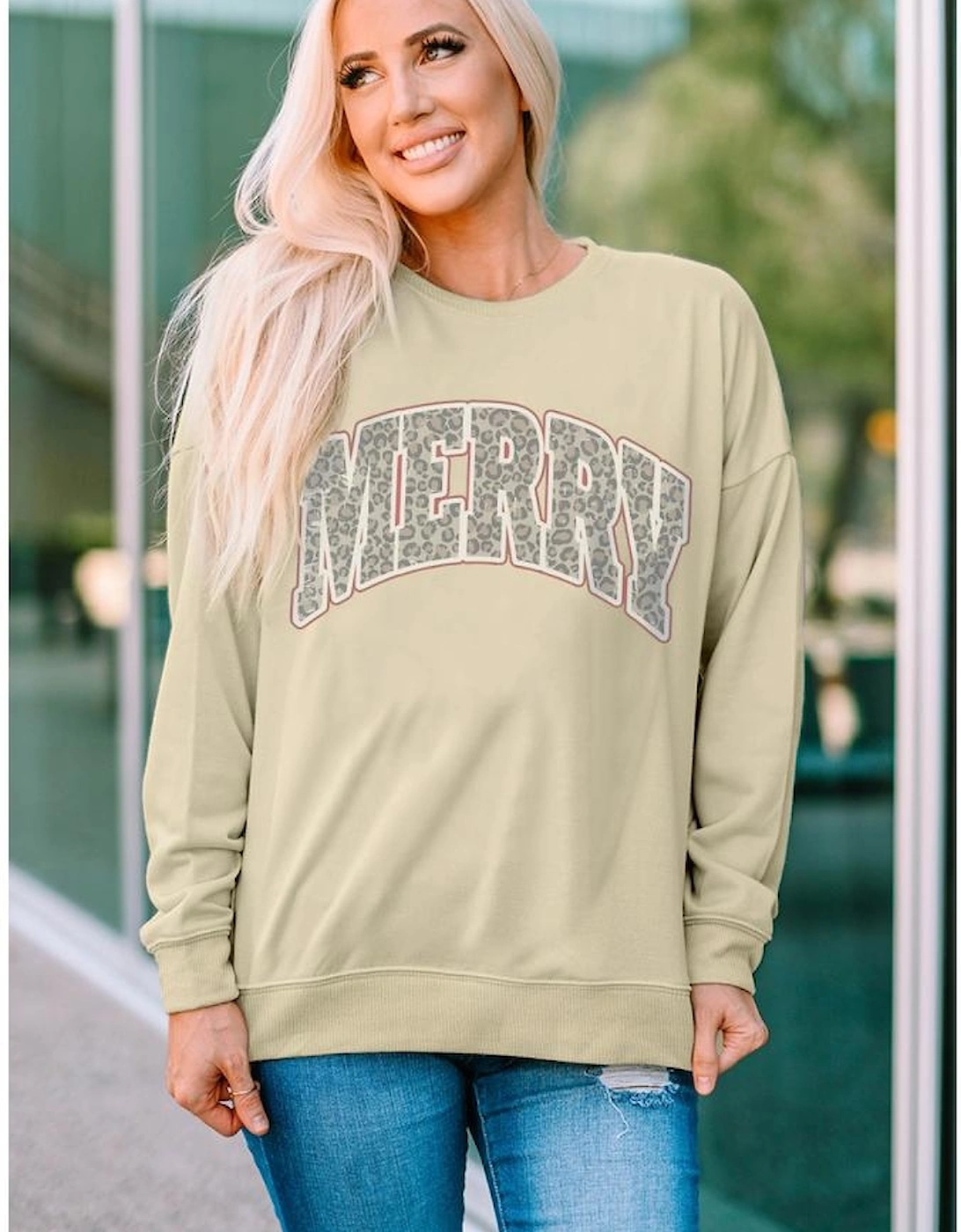 Khaki MERRY Leopard Print Long Sleeve Graphic Sweatshirt