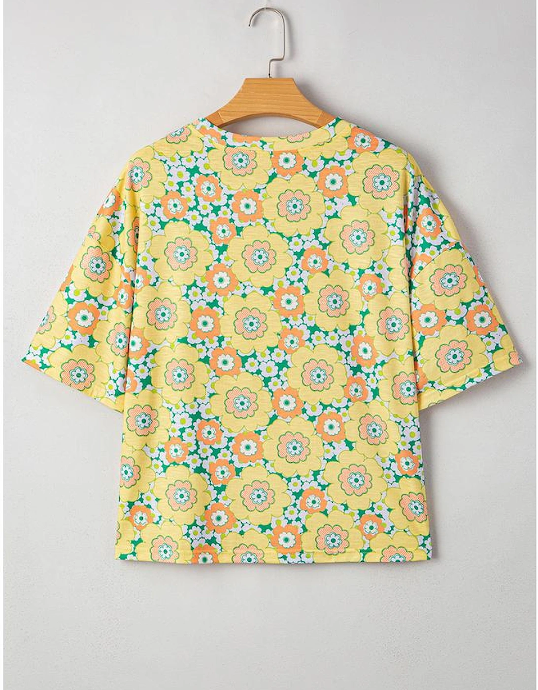 Yellow Summer Flower Printed Drop Shoulder Loose T Shirt