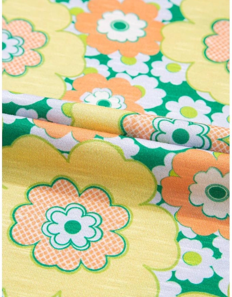 Yellow Summer Flower Printed Drop Shoulder Loose T Shirt