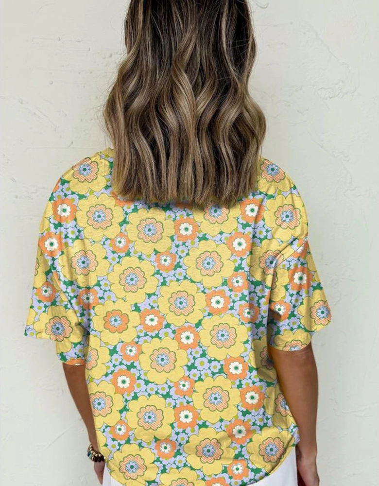 Yellow Summer Flower Printed Drop Shoulder Loose T Shirt
