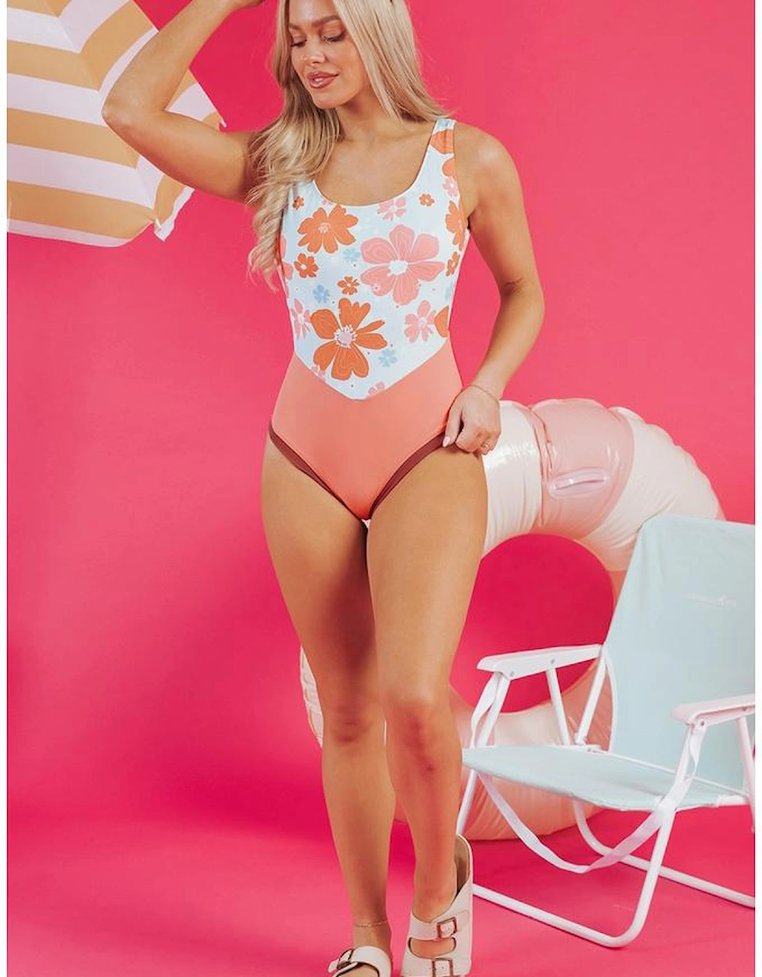 Orange Floral Patchwork Backless One Piece Swimsuit