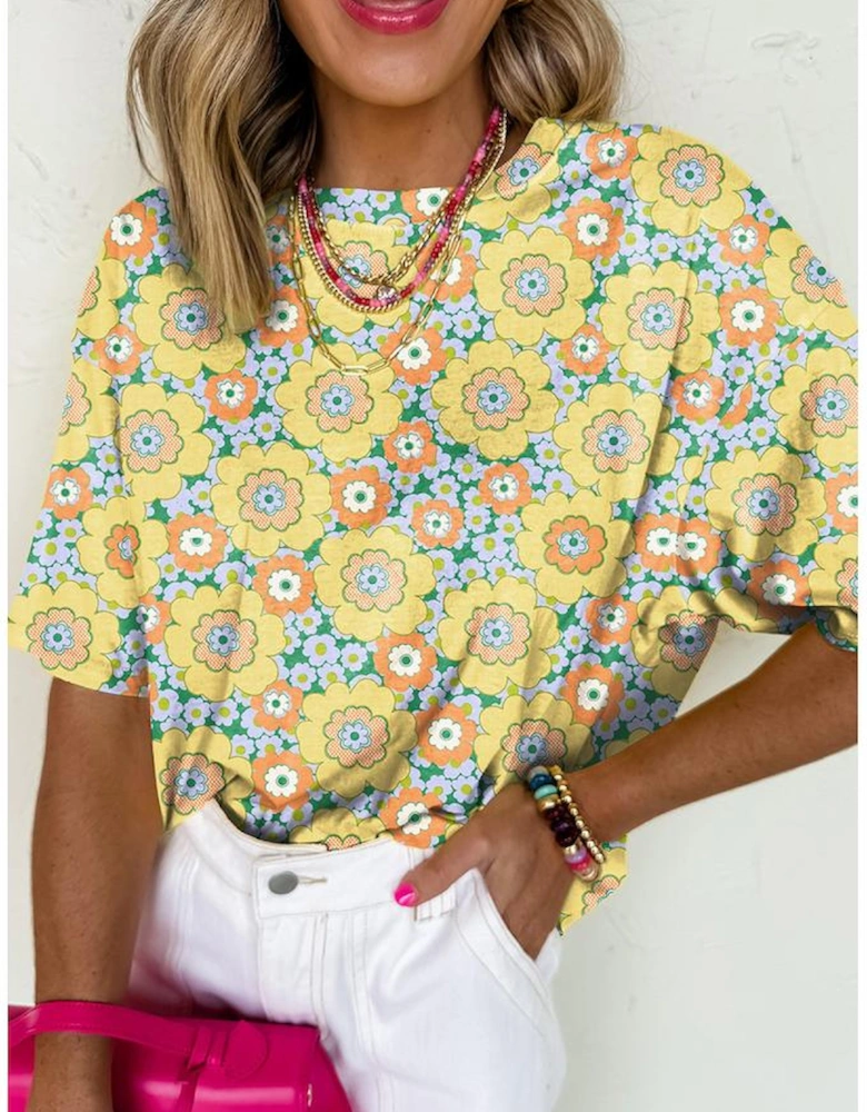 Yellow Summer Flower Printed Drop Shoulder Loose T Shirt