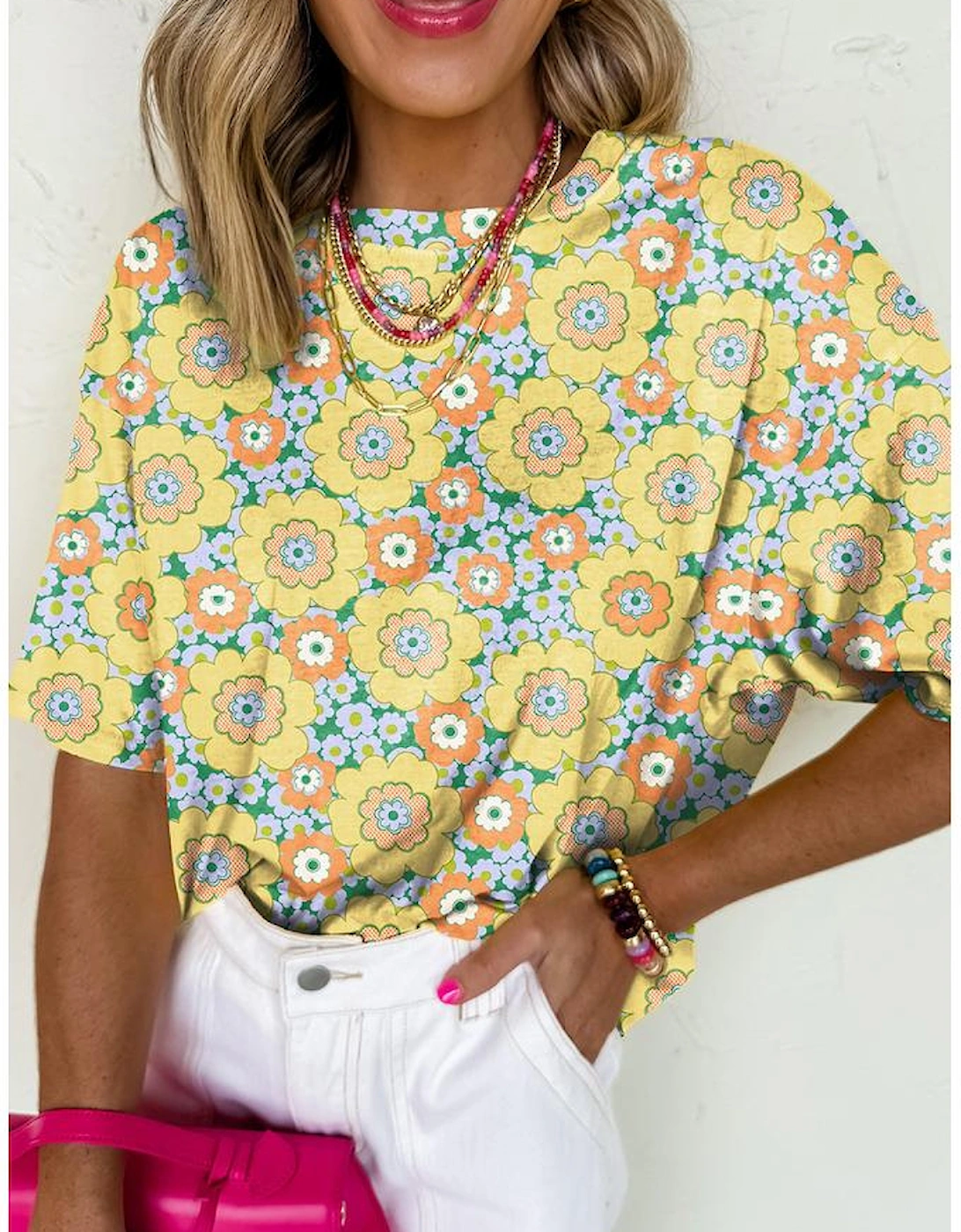 Yellow Summer Flower Printed Drop Shoulder Loose T Shirt