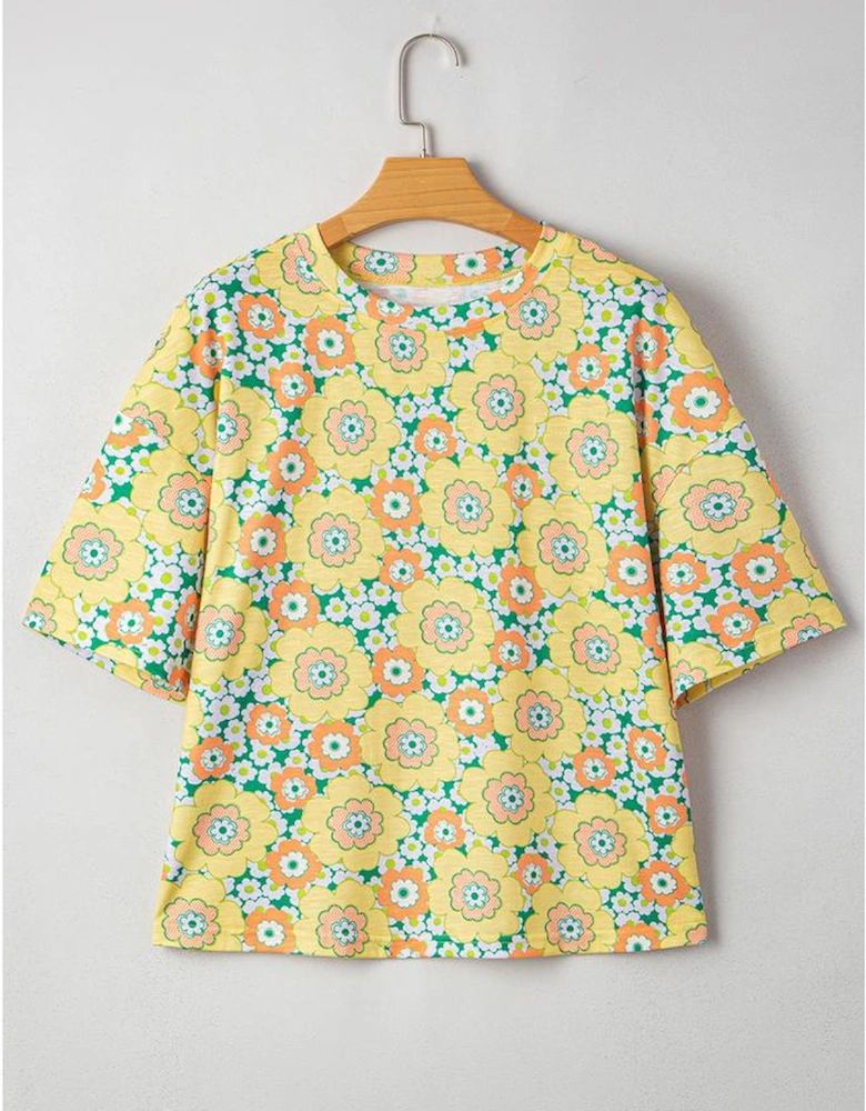 Yellow Summer Flower Printed Drop Shoulder Loose T Shirt