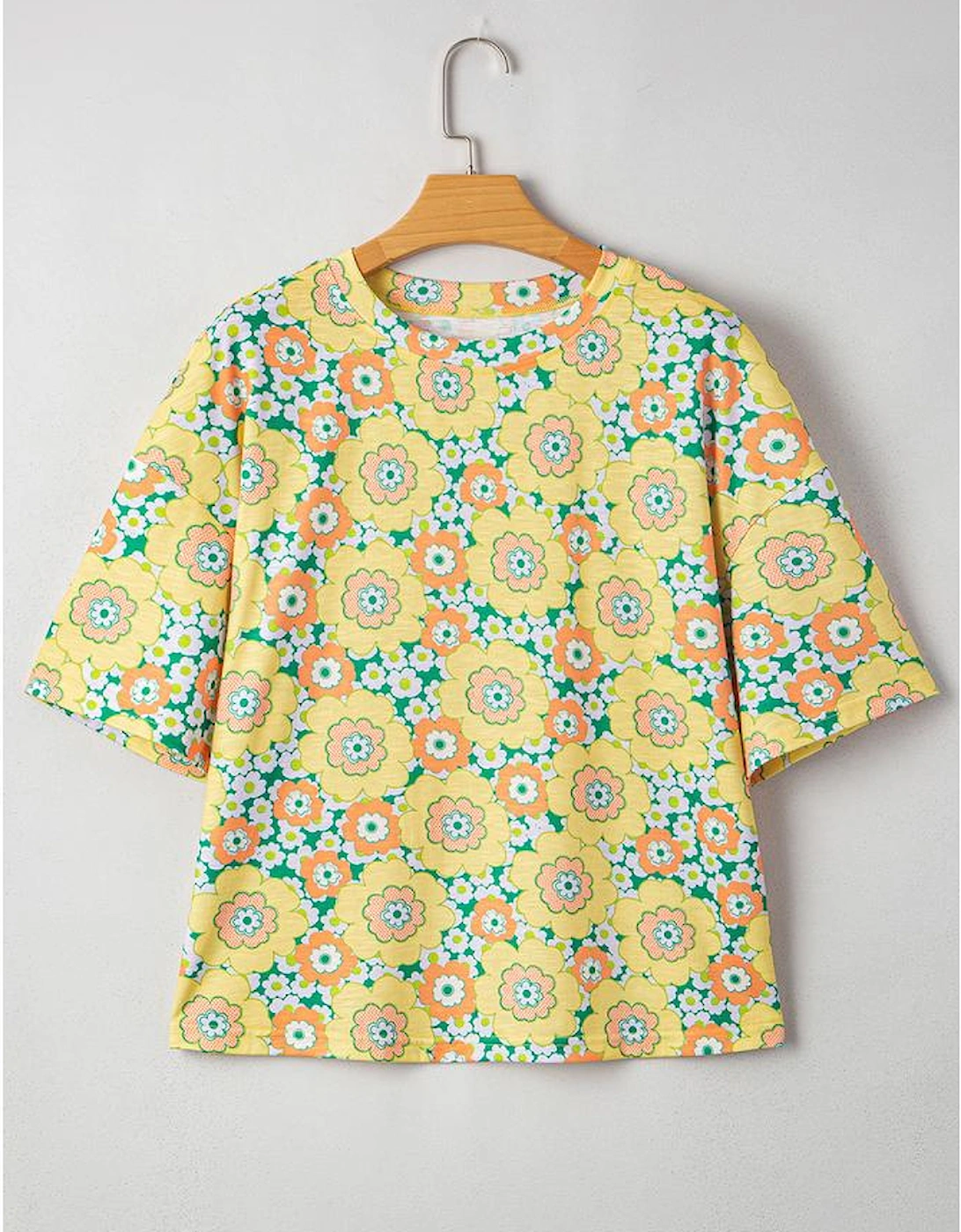Yellow Summer Flower Printed Drop Shoulder Loose T Shirt