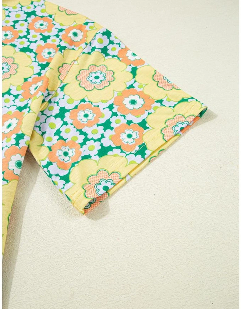 Yellow Summer Flower Printed Drop Shoulder Loose T Shirt