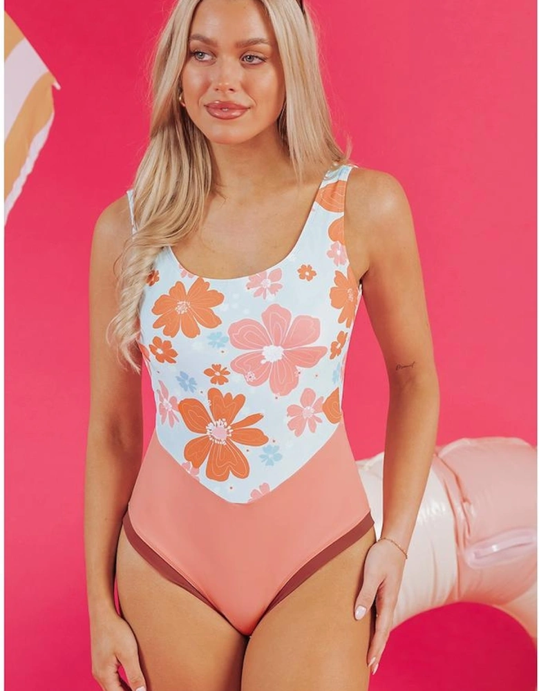 Orange Floral Patchwork Backless One Piece Swimsuit