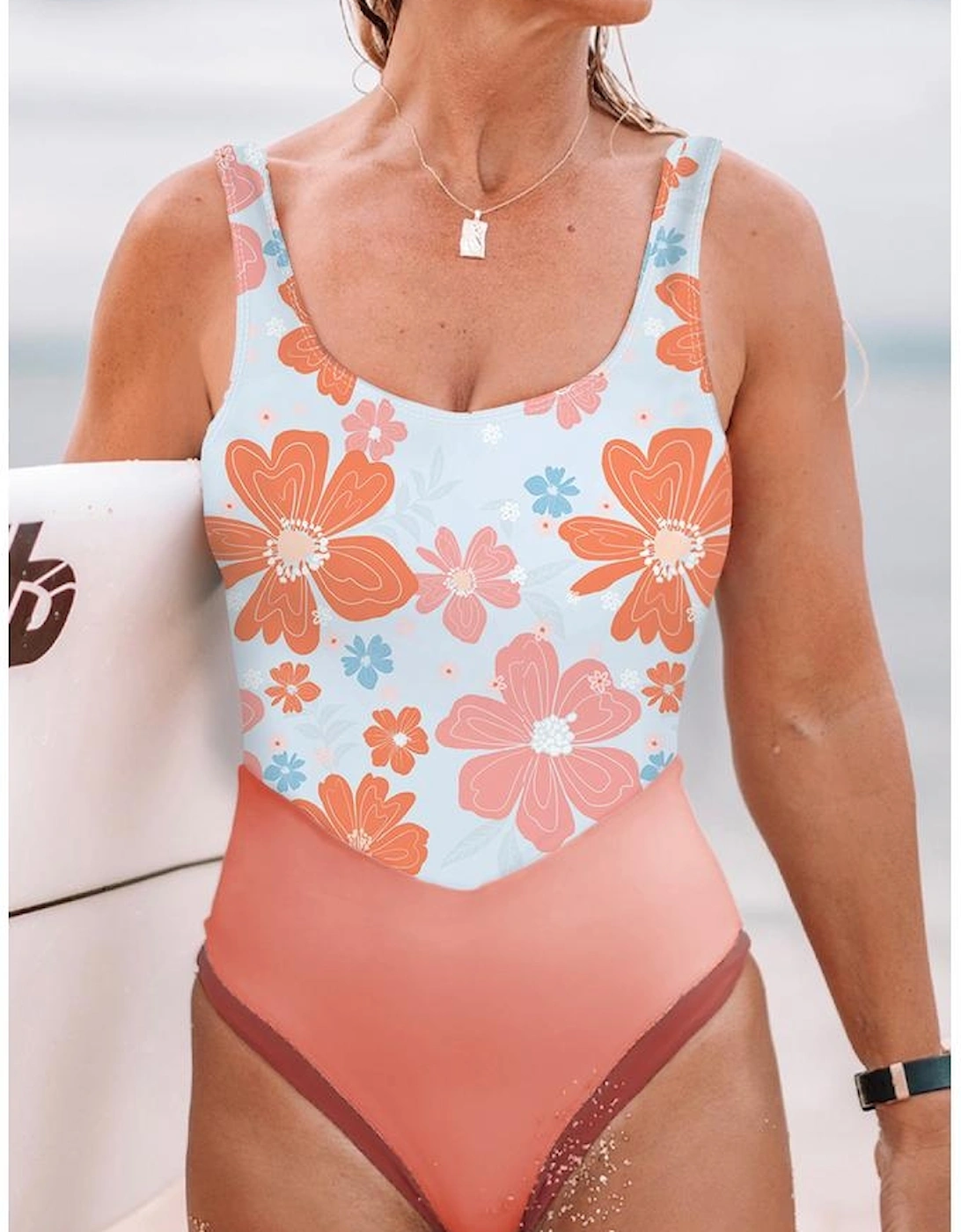 Orange Floral Patchwork Backless One Piece Swimsuit